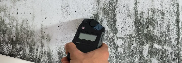 Hand hält Messgerät an schimmiger Wand
